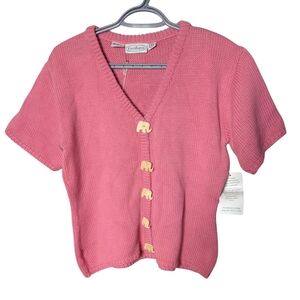 NWT Patchington Pink Short Sleeve Knit‎ Sweater Elephant Buttons Size Small